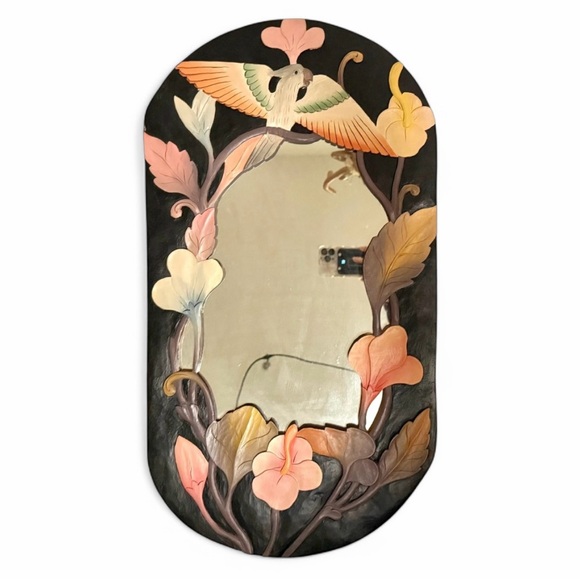 Vintage Other - Vintage 1980s Tropical Hand Carved Wood Parrot Bird with Original Mirror